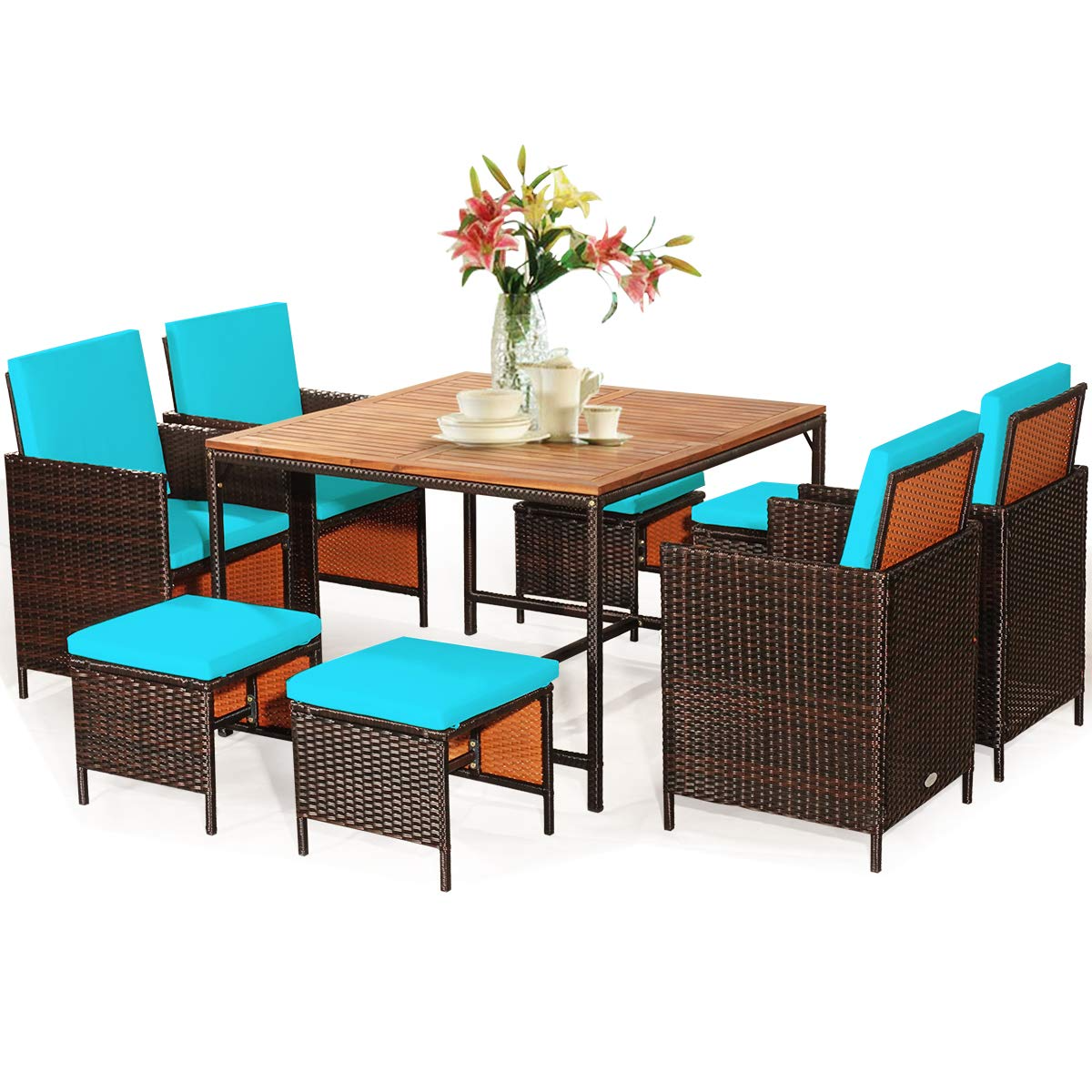 Ensemble de salle à manger Tangkula 9 pièces en bois d'acacia pour patio, chaises en osier peu encombrantes et table en bois avec trou pour parasol, mobilier d'extérieur